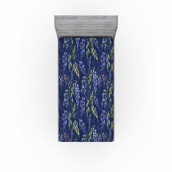 Ambesonne Spring Fitted Sheet, Wistaria Flowers with Leaves, Twin XL Size, Sage Green and Dark Blue