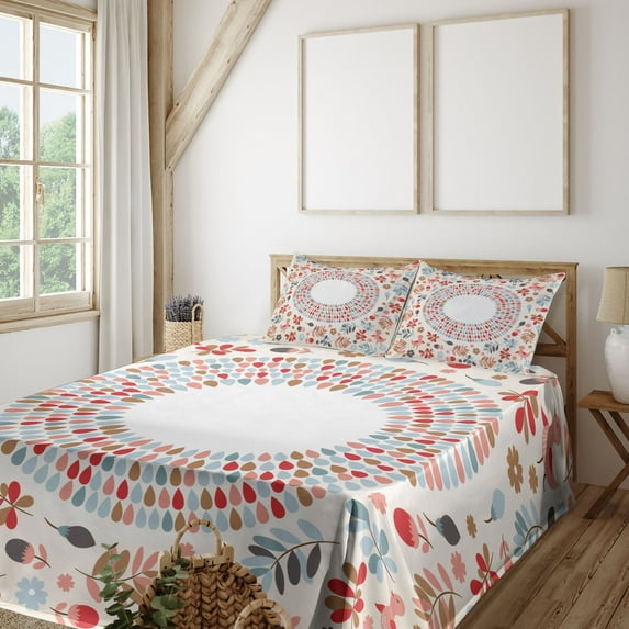 Ambesonne Spring Fitted & Top Sheet Set with Shams, Botany and Birds Art, Multicolor