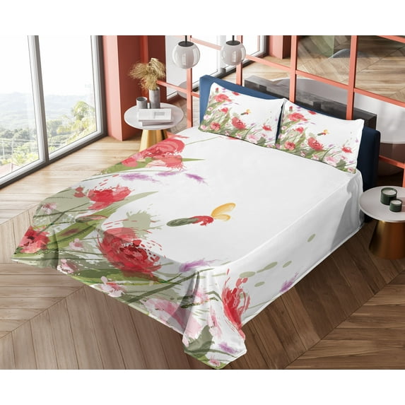 Ambesonne Spring Fitted & Top Sheet Set with Shams, Floral Botany, Multicolor