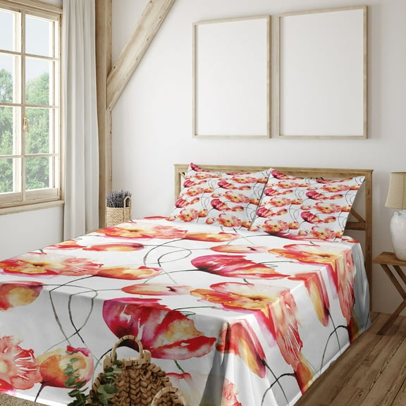 Ambesonne Spring Fitted & Top Sheet Set with Shams, Poppy Tulip Flora, Red White Orange