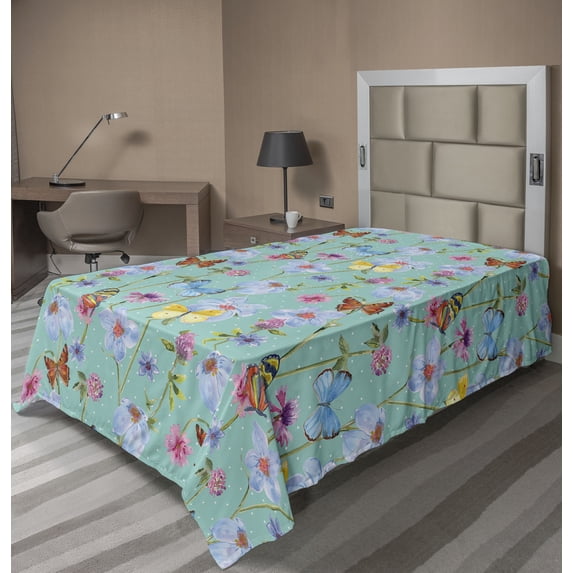 Ambesonne Spring Flat Bedding Sheet Soft Top Sheet, Butterflies Dots Flowers Art, Twin, Pale Redwood Seafoam