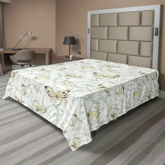 Ambesonne Spring Flat Bedding Sheet Soft Top Sheet, Butterfly Watercolor Garden, California King, Pale Sage Green White