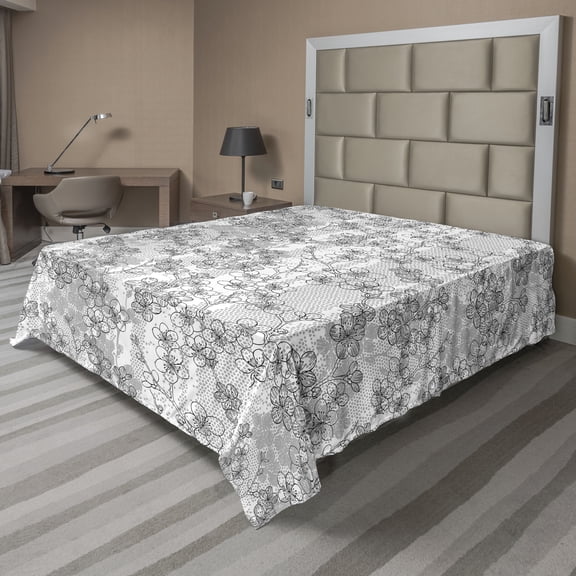 Ambesonne Spring Flat Bedding Sheet Soft Top Sheet, Cherry Blossoms Monochrome, Queen, Dark Grey and White