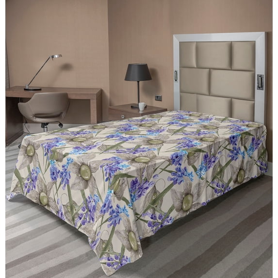 Ambesonne Spring Flat Bedding Sheet Soft Top Sheet, Flowers Botanical Vintage, Twin XL, Indigo and Pale Sepia