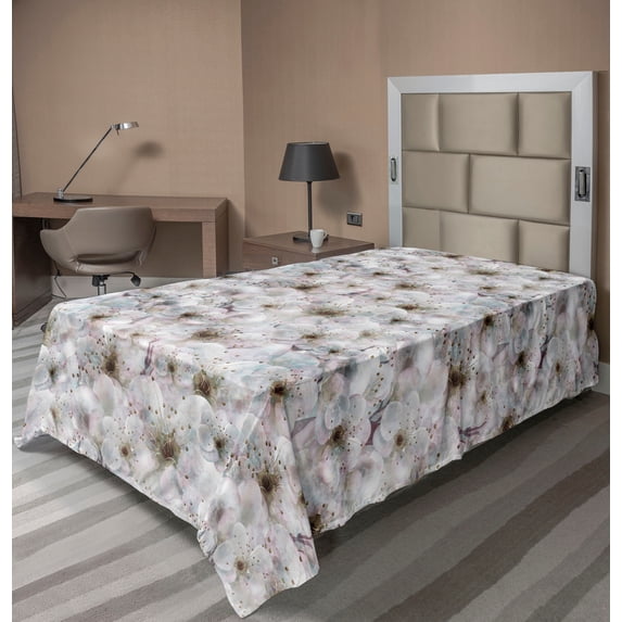Ambesonne Spring Flat Bedding Sheet Soft Top Sheet, Fruit Tree Romantic Garden, Twin, Coconut Pearl and Dark Tan