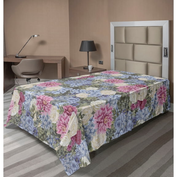 Ambesonne Spring Flat Bedding Sheet Soft Top Sheet, Hydrangea Colorful Flowers, Twin, Mauve Taupe Ceil Blue