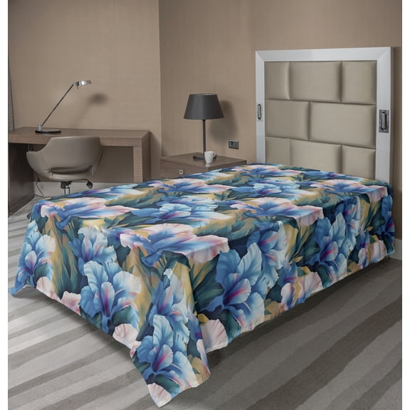 Ambesonne Spring Flat Bedding Sheet Soft Top Sheet, Iris Flowers Pattern Plot, Twin, Sea Blue Jade Green