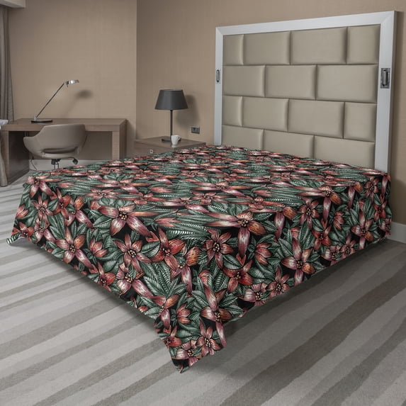 Ambesonne Spring Flat Bedding Sheet Soft Top Sheet, Vintage Red Flowers Pattern, Full, Dark Green Burnt Sienna