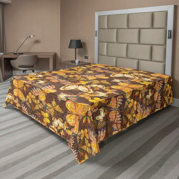 Ambesonne Spring Flat Bedding Sheet Soft Top Sheet, Warm Colored Butterflies, King, Earth Yellow Pale Orange
