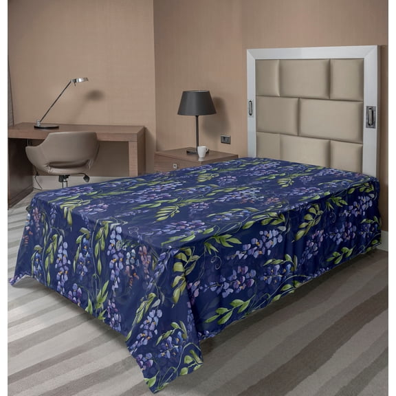 Ambesonne Spring Flat Bedding Sheet Soft Top Sheet, Wistaria Flowers with Leaves, Twin, Sage Green and Dark Blue