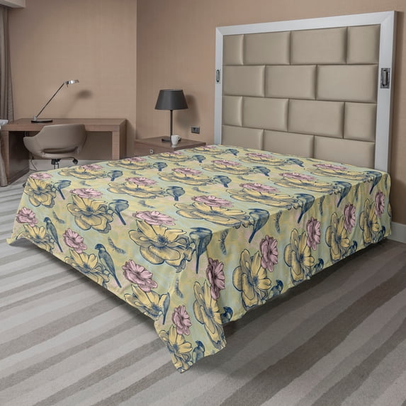 Ambesonne Spring Flat Sheet, Bird Butterfly Flowers, Full Size, Multicolor