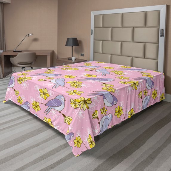 Ambesonne Spring Flat Sheet, Birds Sitting on Tree Branch, King Size, Pale Pink Mustard Lilac