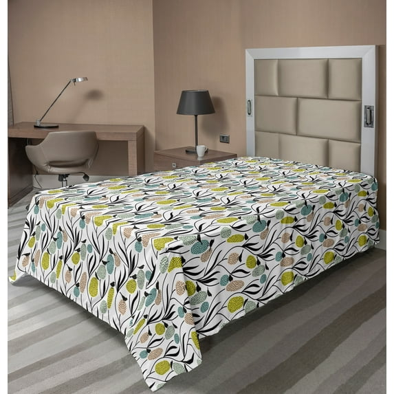 Ambesonne Spring Flat Sheet, Birds and Abstract Plants, TwinXL Size, Charcoal Grey Multicolor