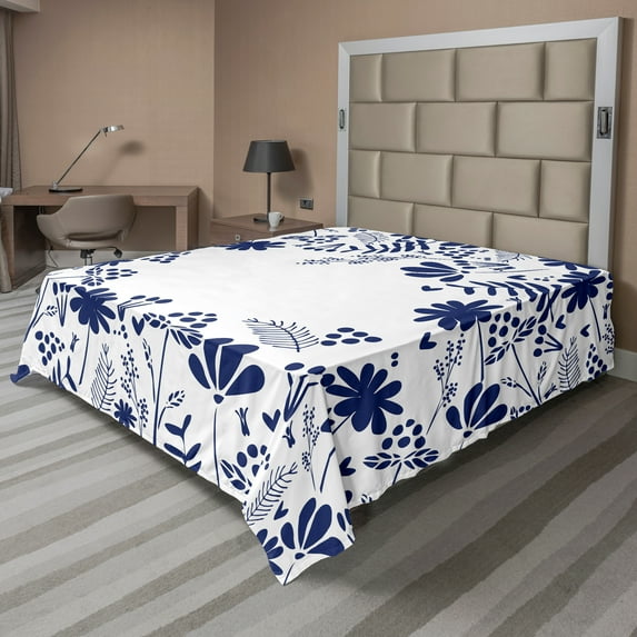 Ambesonne Spring Flat Sheet, Botanic Flowers Leaves, Queen Size, Indigo White