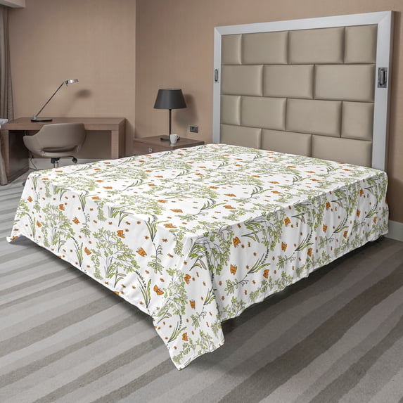 Ambesonne Spring Flat Sheet, Butterflies and Plants Art, Queen Size, Pale Green Dark Orange