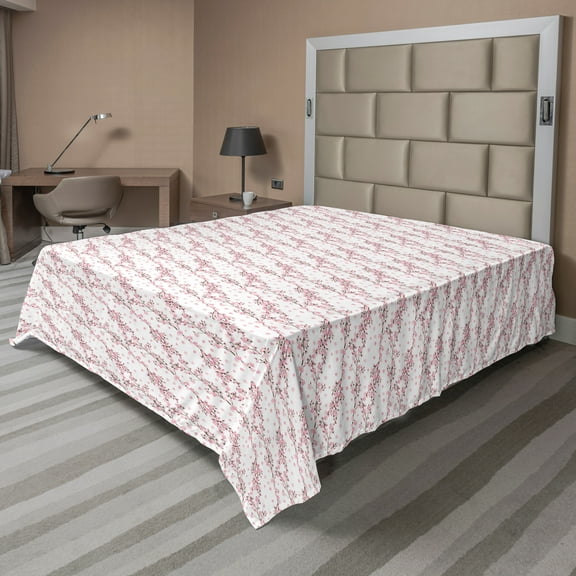 Ambesonne Spring Flat Sheet, Cherry Blossom Pastel Design, California King, Pale Pink and White