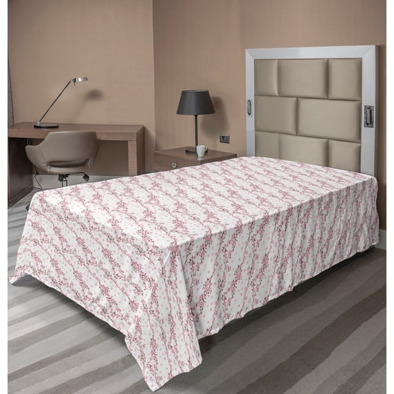 Ambesonne Spring Flat Sheet, Cherry Blossom Pastel Design, Twin Size, Pale Pink and White