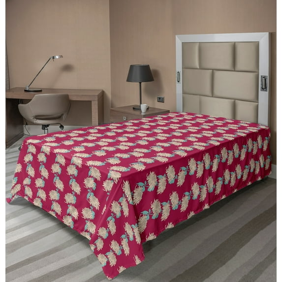 Ambesonne Spring Flat Sheet, Chrysanthemum Blossom Motif, TwinXL Size, Beige Sky Blue and Magenta