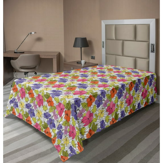 Ambesonne Spring Flat Sheet, Colorful Hibiscus Flora Grid, TwinXL Size, Multicolor
