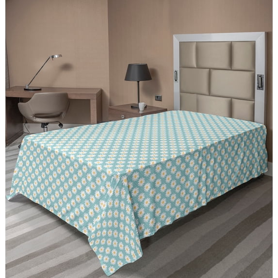 Ambesonne Spring Flat Sheet, Daisy Blossoms Blowing Love, Twin Size, Turquoise and White