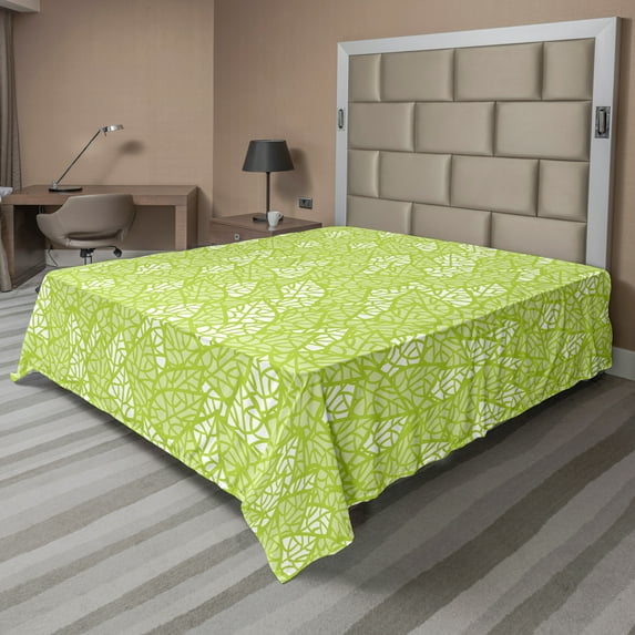 Ambesonne Spring Flat Sheet, Ecology Garden Leaves, Full Size, Apple Green White