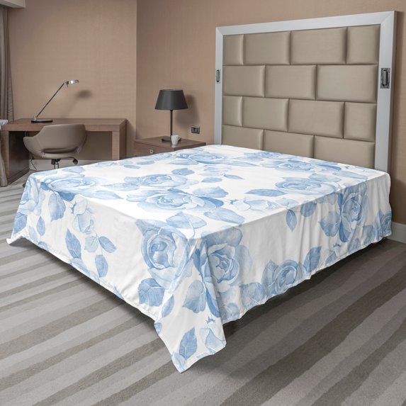 Ambesonne Spring Flat Sheet, Floral Dreamy Branch, Queen Size, Soft Blue White