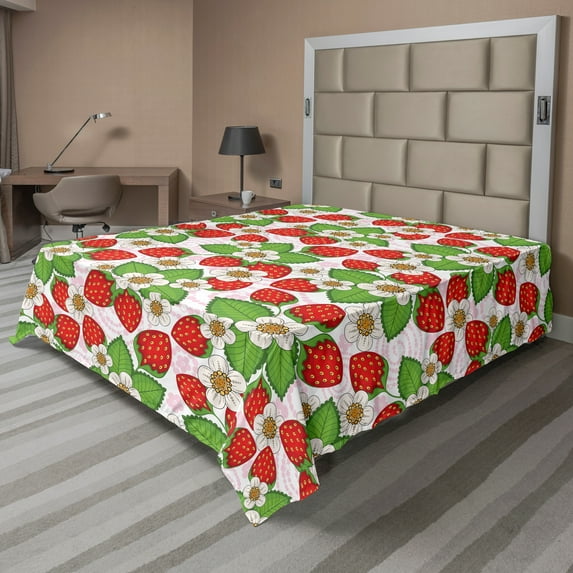 Ambesonne Spring Flat Sheet, Floral Strawberry Scene, King Size, Green Red