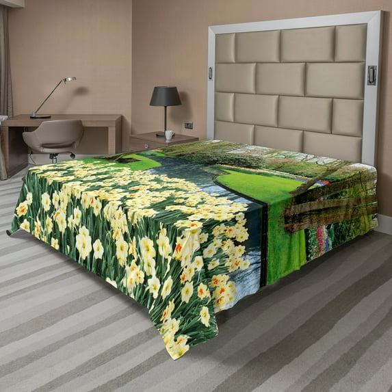 Ambesonne Spring Flat Sheet, Flower Garden Grass Park, Queen Size, Green and Brown