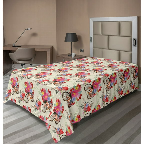 Ambesonne Spring Flat Sheet, Flowers and Bicycle Pattern, TwinXL Size, Multicolor