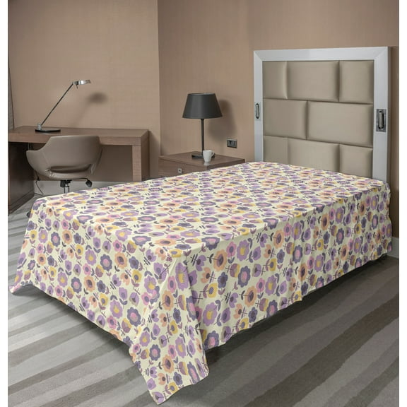 Ambesonne Spring Flat Sheet, Graphic Tulip and Daisy, Twin Size, Multicolor