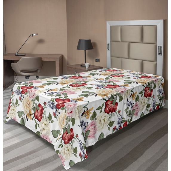 Ambesonne Spring Flat Sheet, Lilacs Roses Flowers, Twin Size, Pale Pink Cream
