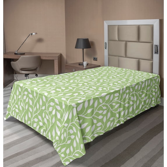 Ambesonne Spring Flat Sheet, Modern Leaf Pattern, TwinXL Size, Pale Green White