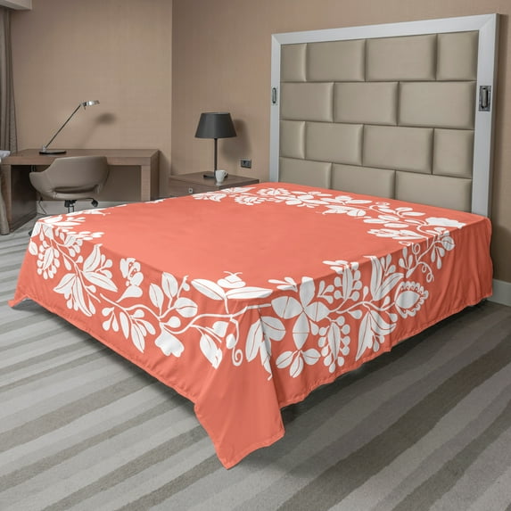 Ambesonne Spring Flat Sheet, Monochrome Botany Wreath, Queen Size, Salmon and White