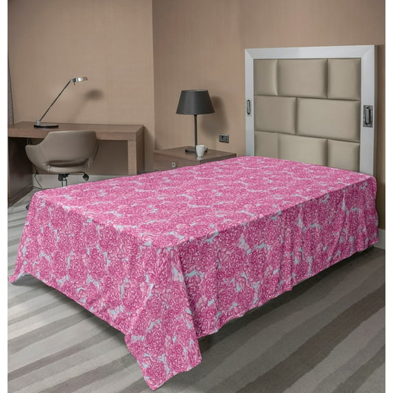 Ambesonne Spring Flat Sheet, Repetitive Close-up Peonies, Twin Size, Pale Blue Pink