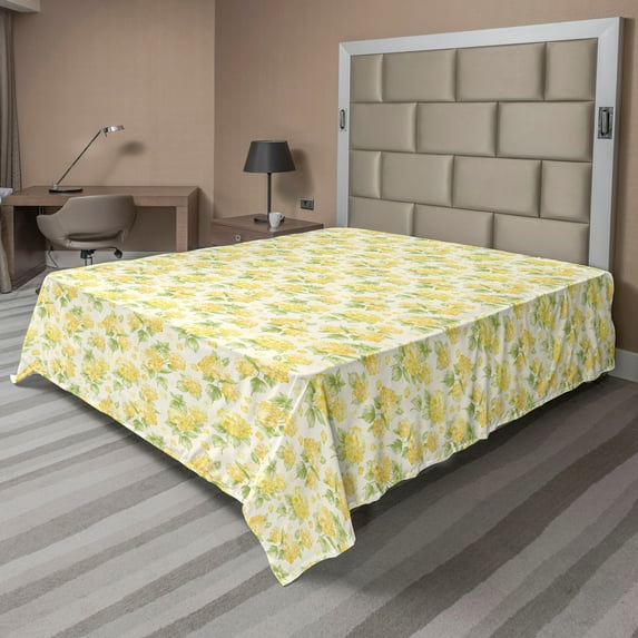 Ambesonne Spring Flat Sheet, Thriving Nature Blooms, King Size, Yellow Green Off White