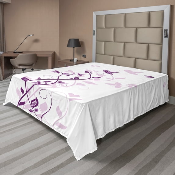 Ambesonne Spring Flat Sheet, Violet Tree Blossoms Image, California King, Plum White