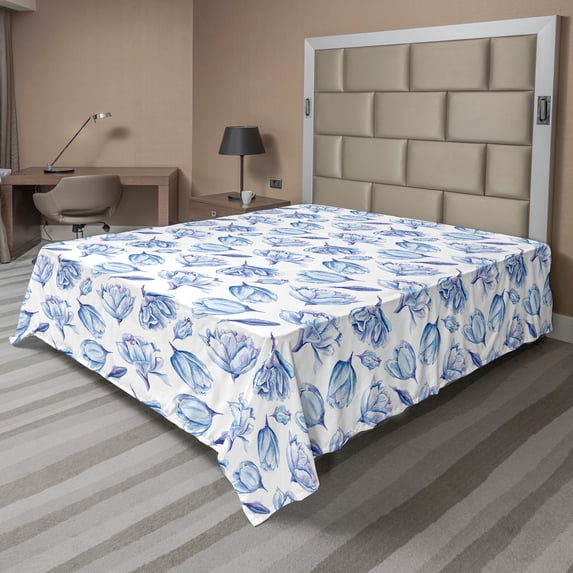 Ambesonne Spring Flat Sheet, Watercolor Roses Buds, King Size, Pale Blue and White