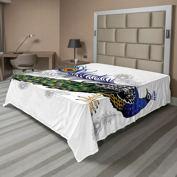 Ambesonne Spring Flat Sheet, Wild Peacock Feather, Queen Size, Multicolor