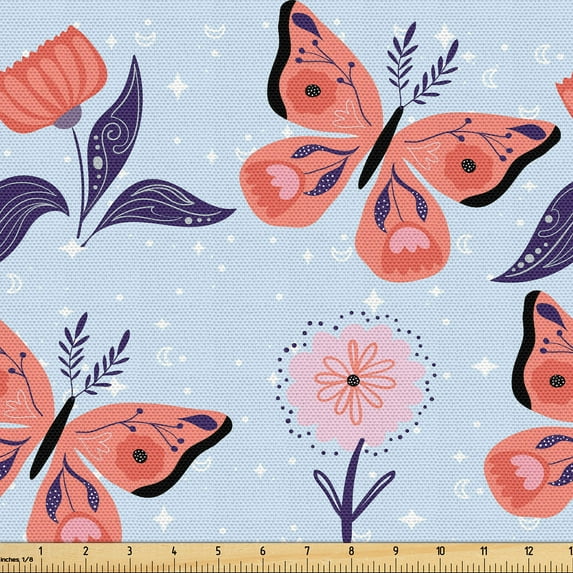 Ambesonne Spring Floral Fabric by the Yard Upholstery, Butterflies Print, 5 Yards, Salmon Indigo and Pale Blue