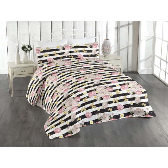 Ambesonne Spring Floral Quilted Bedspread Set 3 Pcs, Blooms Boho Butterfly, Queen, Pale Pink Pale Mustard