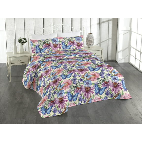Ambesonne Spring Floral Quilted Bedspread Set 3 Pcs, Cottagecore Bloom Art, Twin, Pale Green Soft Blue