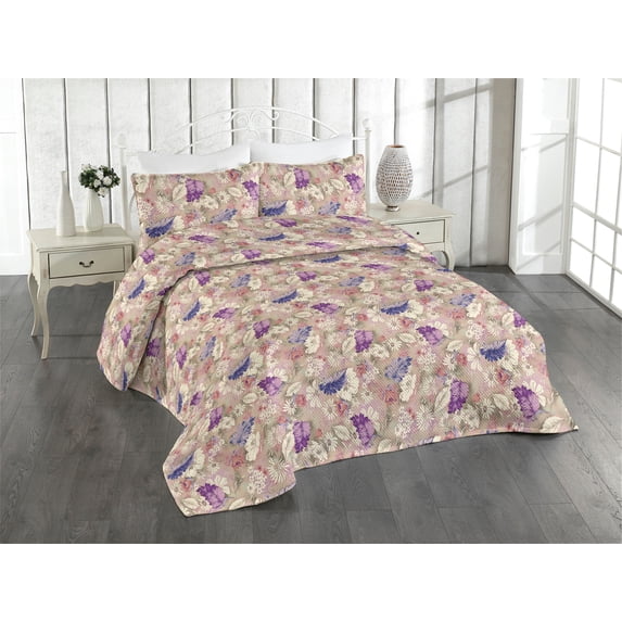 Ambesonne Spring Floral Quilted Bedspread Set 3 Pcs, Romantic Asian Daisy, Queen, Dark Lavender Cream Lilac