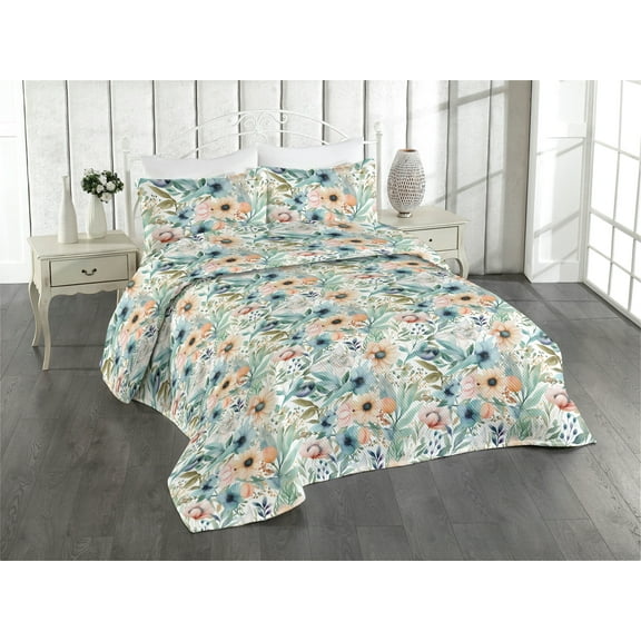 Ambesonne Spring Floral Quilted Bedspread Set 3 Pcs, Romantic Garden Bloom, King, Seafoam Peach White
