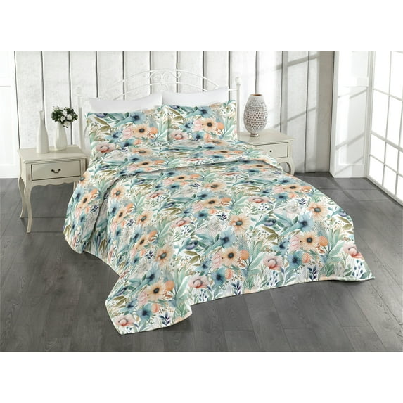 Ambesonne Spring Floral Quilted Bedspread Set 3 Pcs, Romantic Garden Bloom, Twin, Seafoam Peach White