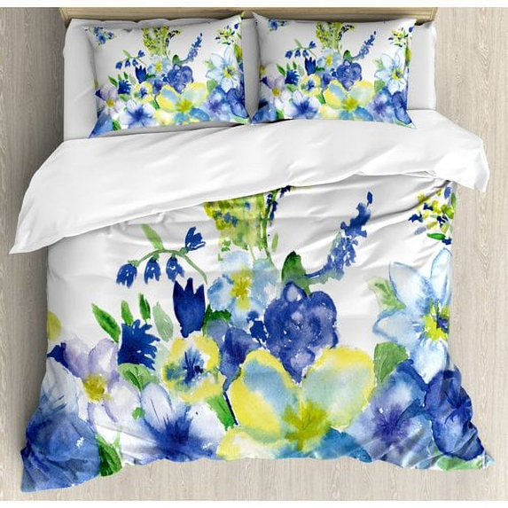 Ambesonne Spring Flower Watercolor Flourishing Vibrant Blooms Artsy Design Duvet Cover Set
