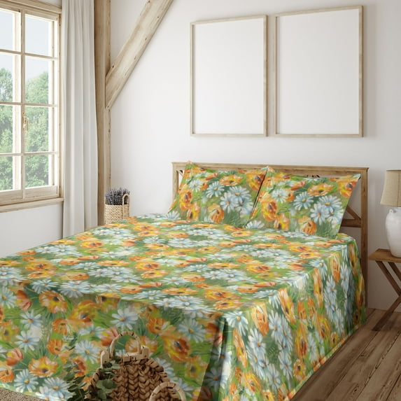Ambesonne Spring Flowers Fitted & Flat Sheet with Sham 3 Pcs Set, Sunny Floral Scene, Twin XL, Marigold Jade Green