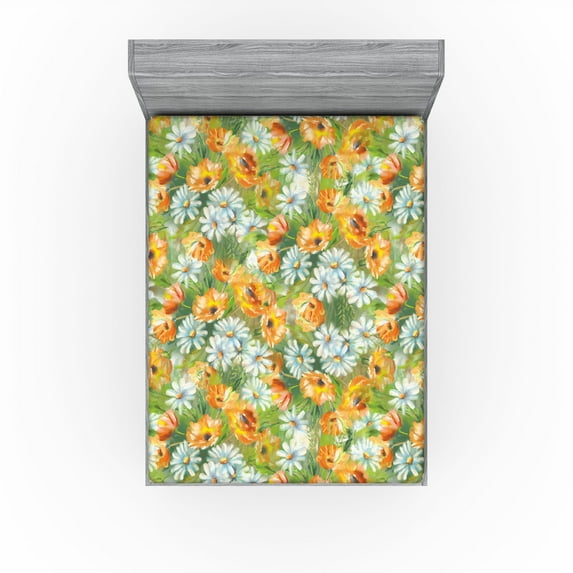 Ambesonne Spring Flowers Fitted Sheet, Sunny Floral Scene, California King, Marigold Jade Green