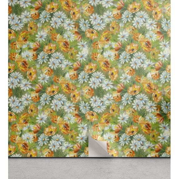 Ambesonne Spring Flowers Peel & Stick Wallpaper for Home, Sunny Floral Scene, 13"x100", Marigold Jade Green