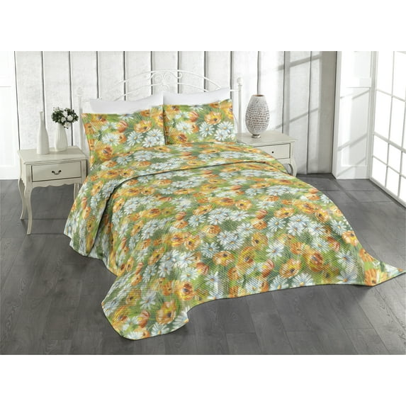 Ambesonne Spring Flowers Quilted Coverlet 3 Pcs, Sunny Floral Scene, King Size, Marigold Jade Green