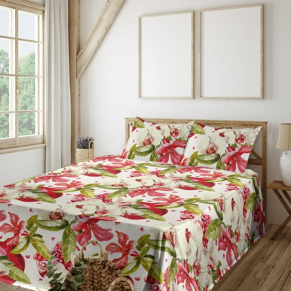 Ambesonne Spring Garden Fitted & Flat Sheet with Shams 4 Pcs Set, Orchids Pomegranates, King, Dark Pink Reseda Green